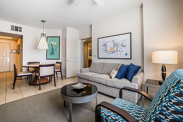 One-bedroom deluxe living area; Two-bedroom combined includes this unit and the other one-bedroom unit.