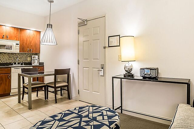 One-bedroom standard living area and kitchen; Two-bedroom combined includes this unit and the other one-bedroom unit.
