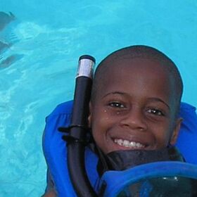 Youngest son swam with snorkle equipment