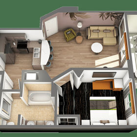 Bora Bora 1BR Phase 2 floor plan showing full kitchen, king bedroom, large living room, and upgraded bathroom layout.