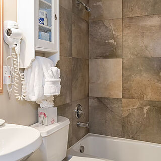 Bathroom with tub, shower, hairdryer, towels, toilet paper, soap etc