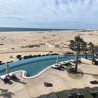 pool and bar below patio