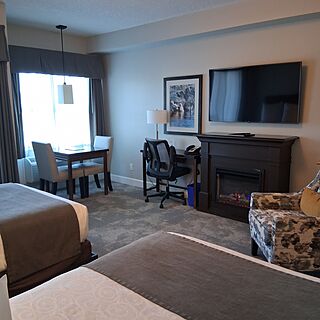 comfortable seating, fireplace, t.v.